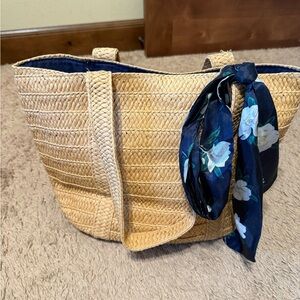 Draper James Tan and Blue Tote with Floral Accent